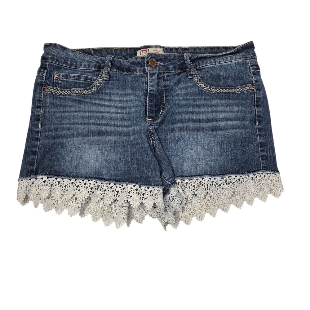 Y2K Denim Micro Shorts Lace Trim Low Rise Boho Coquette SZ‎ 13 Festival L.E.I
